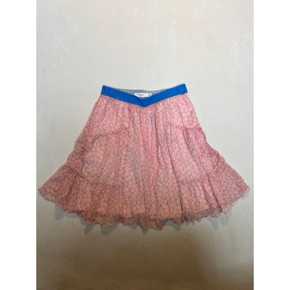 Coach Pink Floral Tiered Mini Skirt Blue Denim Waistband Pockets Size 0